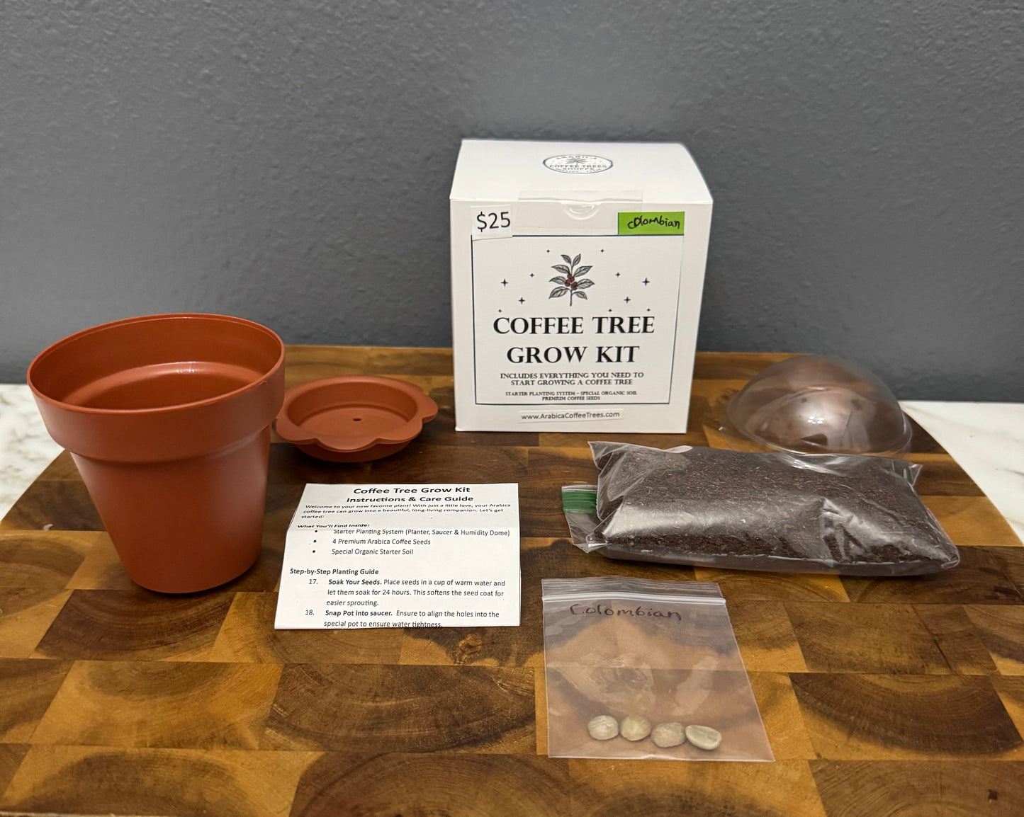 Coffee tree grow kit with pot and packaging on a wooden surface.